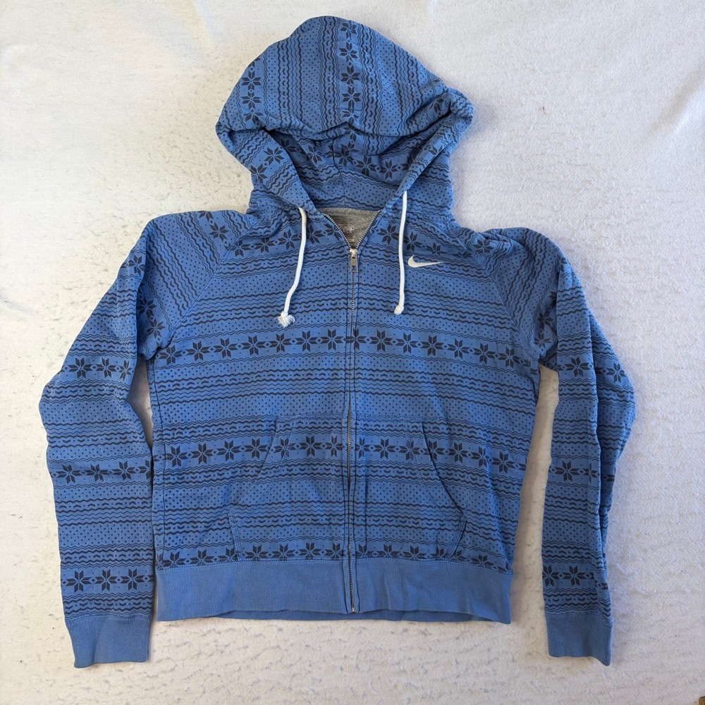 Nike Full Zip Hoodie Womens Medium Blue Fair Isle Snowflake Pattern Fleece